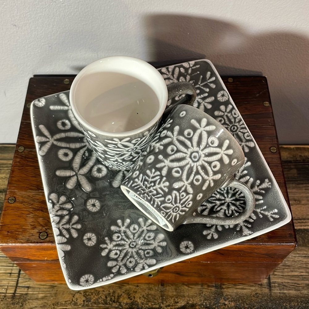 Abbott Gray snowflake espresso Mug and Plate Set - 2 cups one saucer 3 piece set
